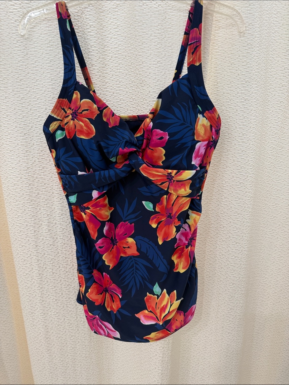 Lands' End Navy Floral Tankini Top with Pink & Orange Blooms